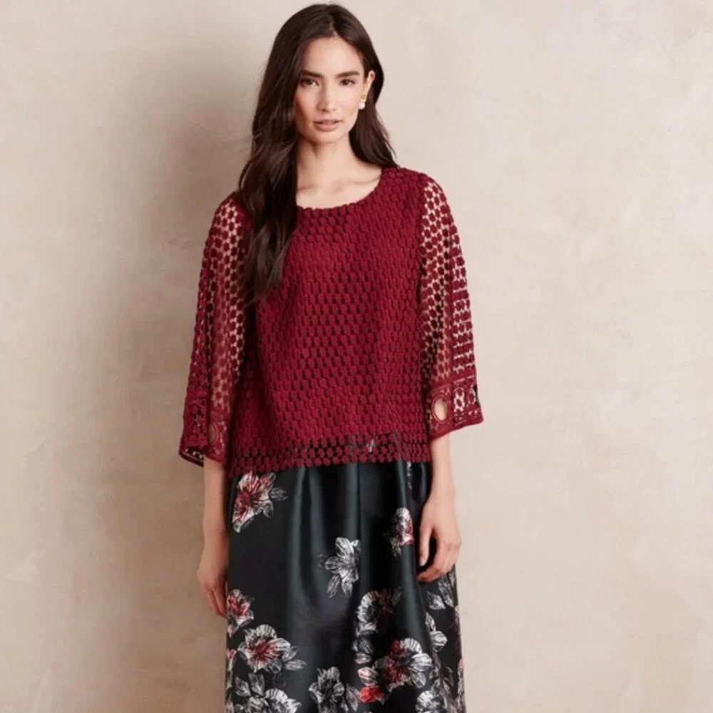 Anthropologie Vanessa Virginia Wine Country Lace Blouse Bell Sleeve size L